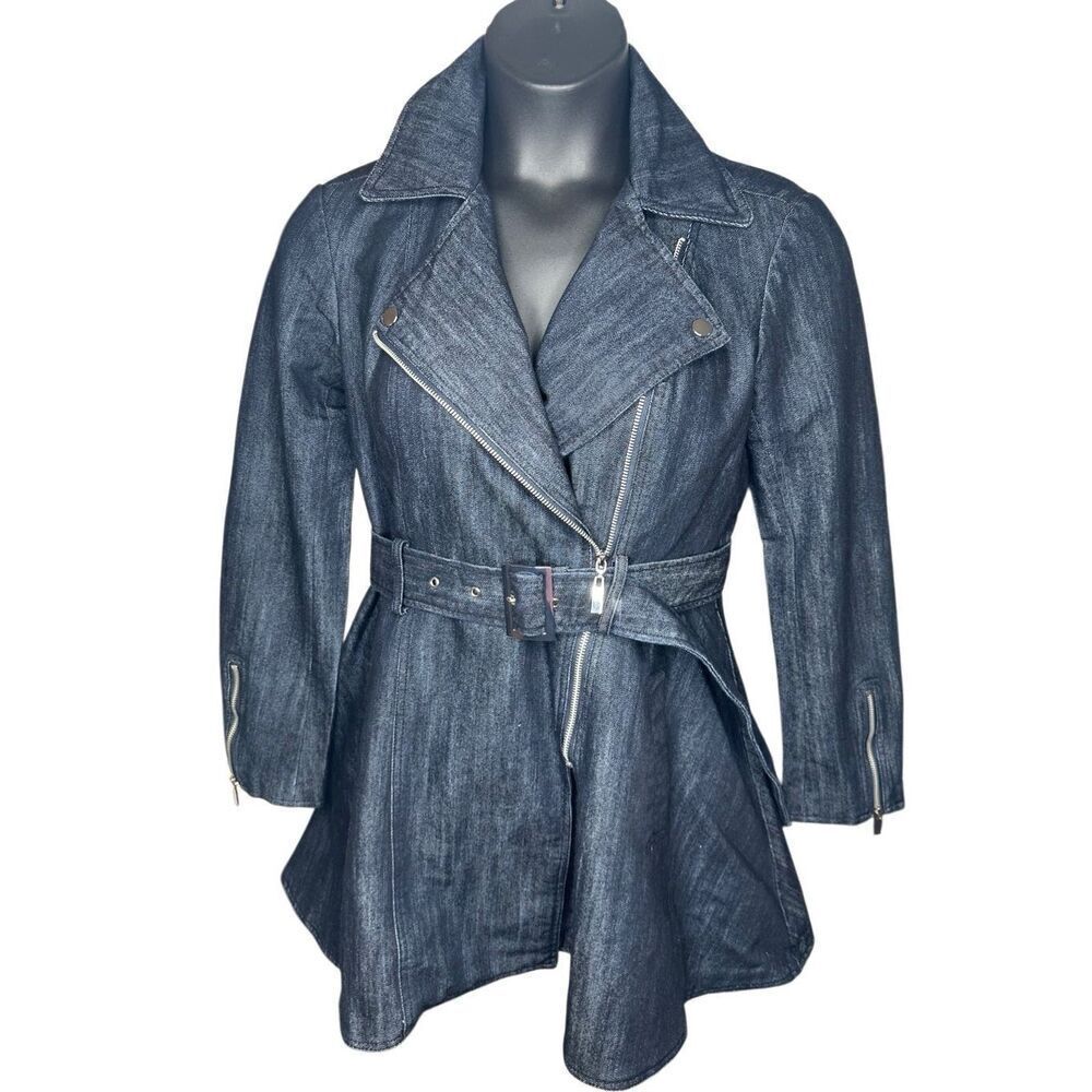 New York & Company Women's Denim Blue Belted Long Trench Coat Size Small